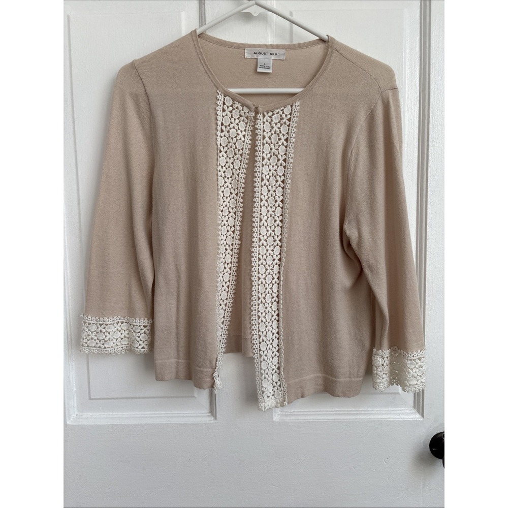 August Silk Womens Tan Beige Crochet Lace Trim Cardigan Sweater Hook Eye Size L